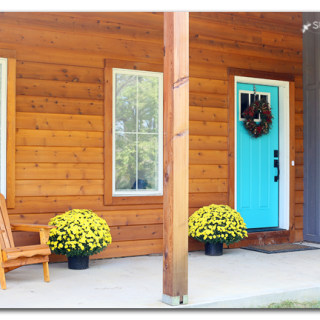 Cedar front porch pop of turquoise