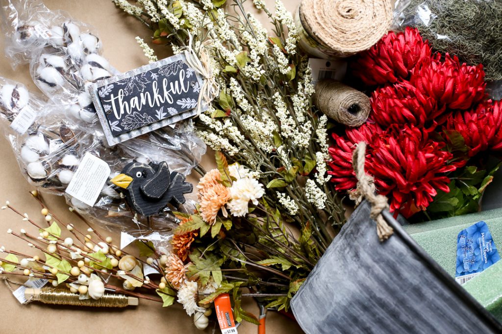 Fall decor floral door bucket wreath idea 1