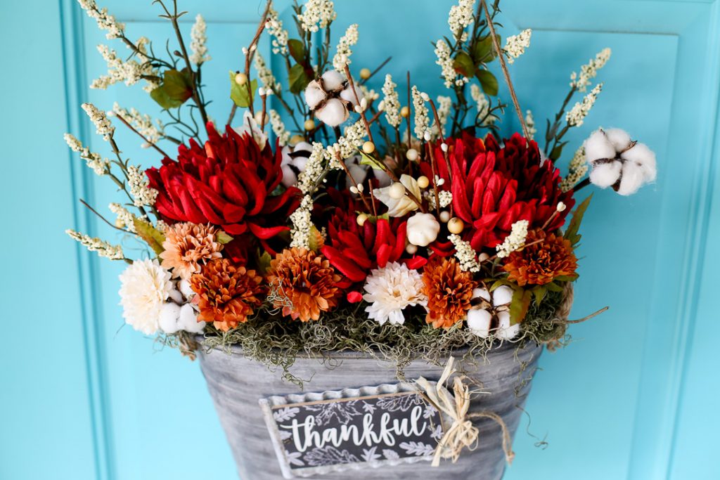 Fall decor floral door bucket wreath idea 14