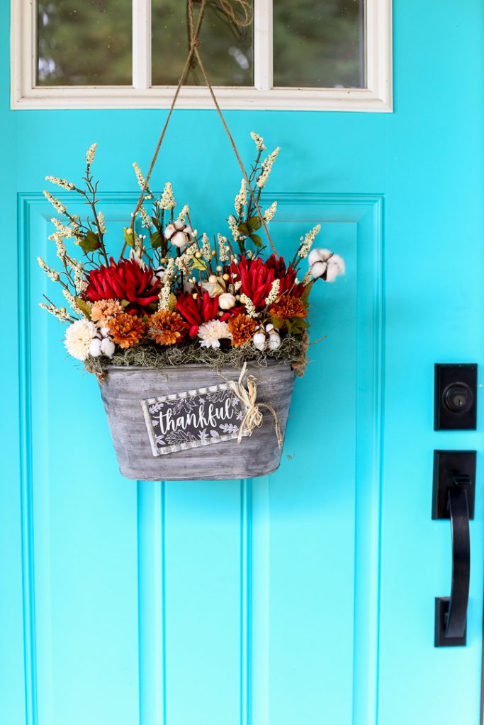 Fall decor floral door bucket wreath idea 7