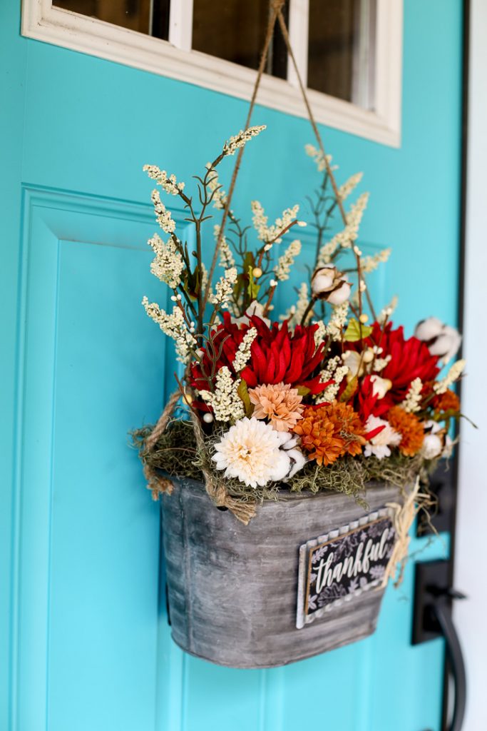 Fall decor floral door bucket wreath idea 8