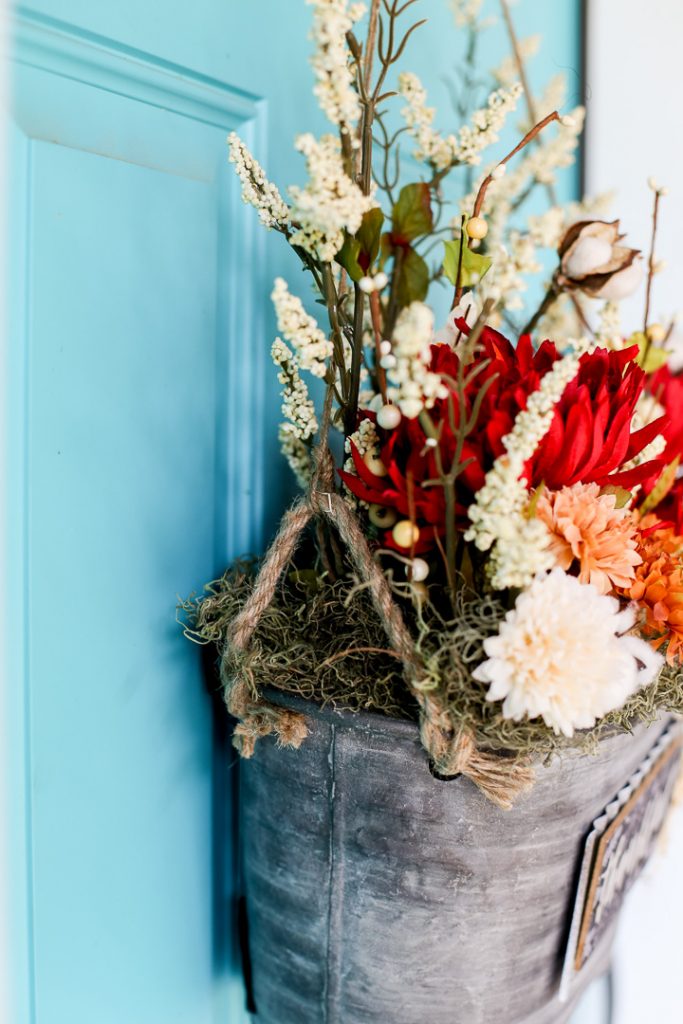 Fall decor floral door bucket wreath idea 9