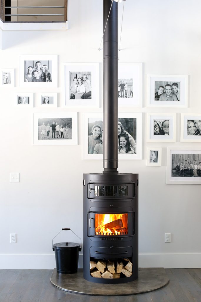 Wood Burning stove and gallery wall
