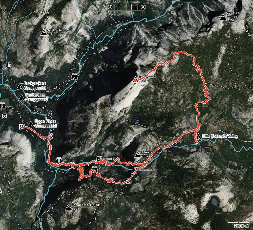 Half dome hike route; mist trail up and john muir trail down
